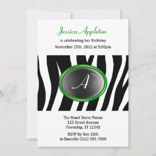 Zebra Print Green Glass Monogram Birthday Invitation
