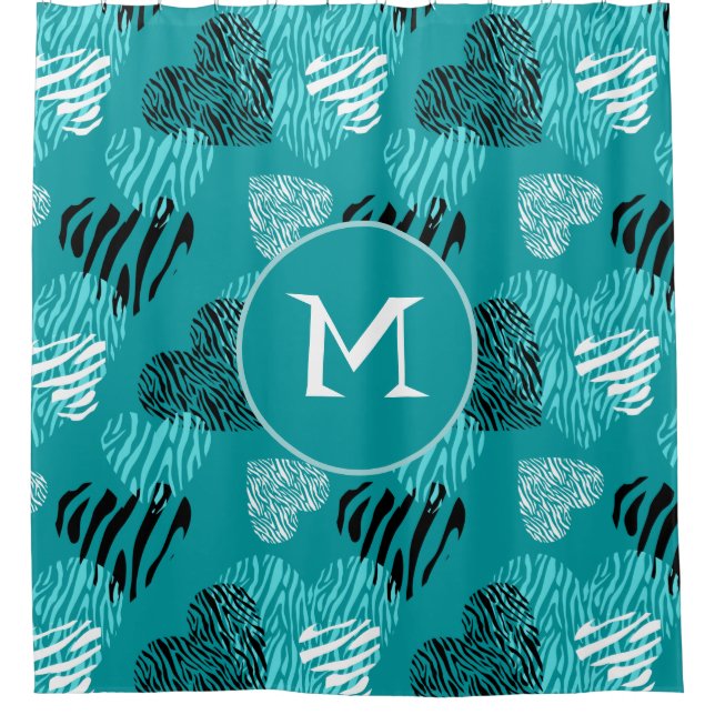 Zebra Print Hearts Teal White Monogram (Front)