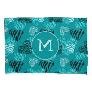 Zebra Print Hearts Teal White Monogram  Pillowcase