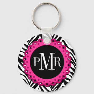 Zebra Print Hot Pink Lace Monogram Personalized Keychain