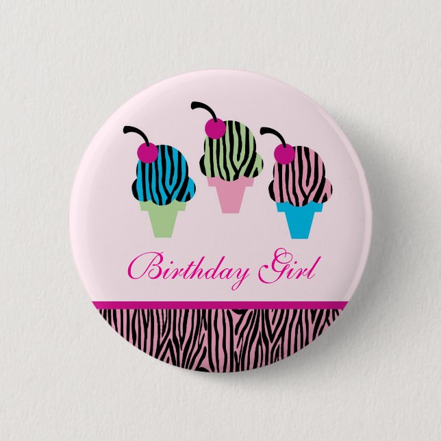 Zebra Print Ice Cream Birthday Button (Front)