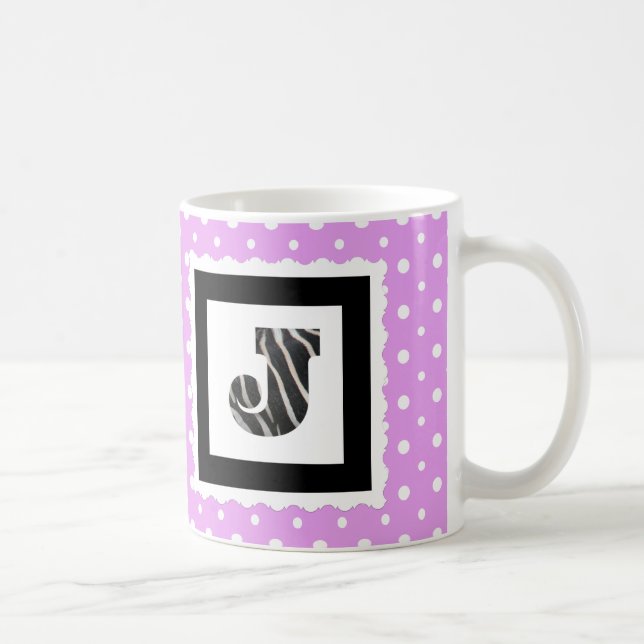 Zebra Print Letter "J" on Lilac/White Polka Dots Coffee Mug (Right)