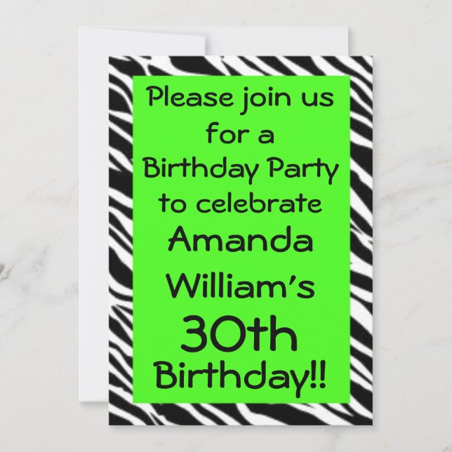 Zebra Print Lime Green Birthday Party Invitation (Front)