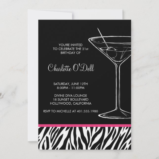 Zebra Print Martini Invitation d'anniversaire (Devant)