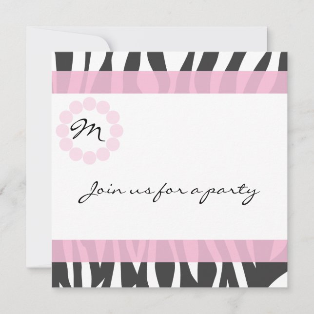 Zebra Print Monogram Birthday Party Invitation (Front)