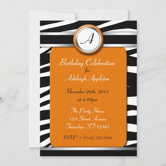 Zebra Print Monogram Orange Birthday Invitations (Front)