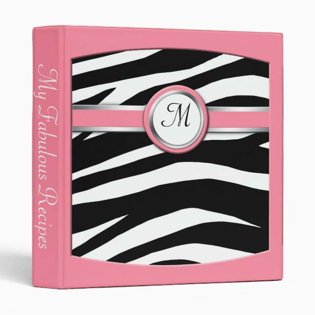 Zebra Print Monogram Pink Recipe Binder (Front/Spine)