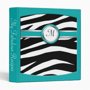 Zebra Print Monogram Teal Recipe Binder