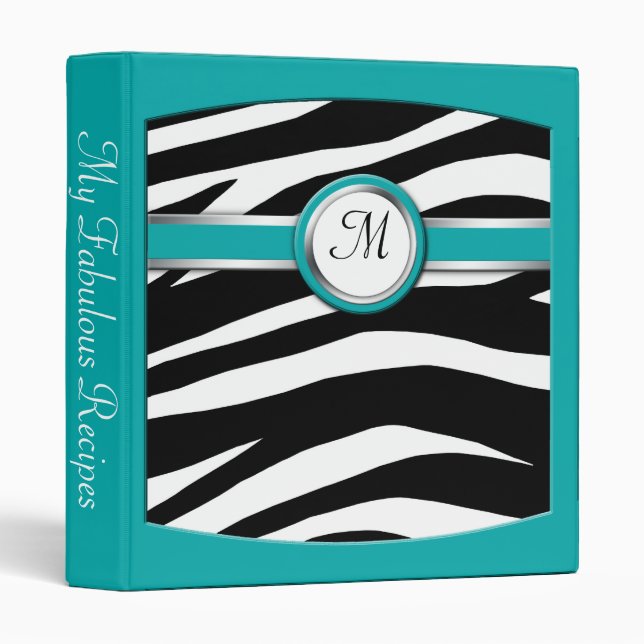 Zebra Print Monogram Teal Recipe Binder (Front/Spine)
