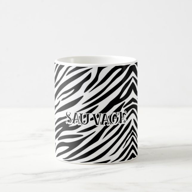 Zebra Print Mug with “Sauvage” Text (Center)