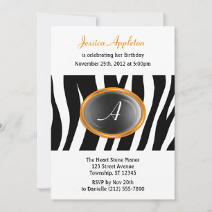Zebra Print Orange Glass Monogram Birthday Invitation
