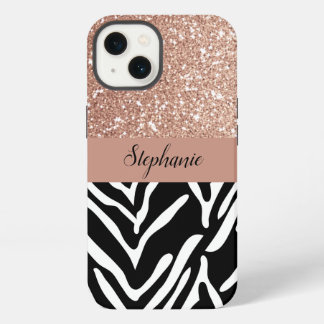 Zebra Print Pattern and Gradient Rose Gold Glitter iPhone 13 Case