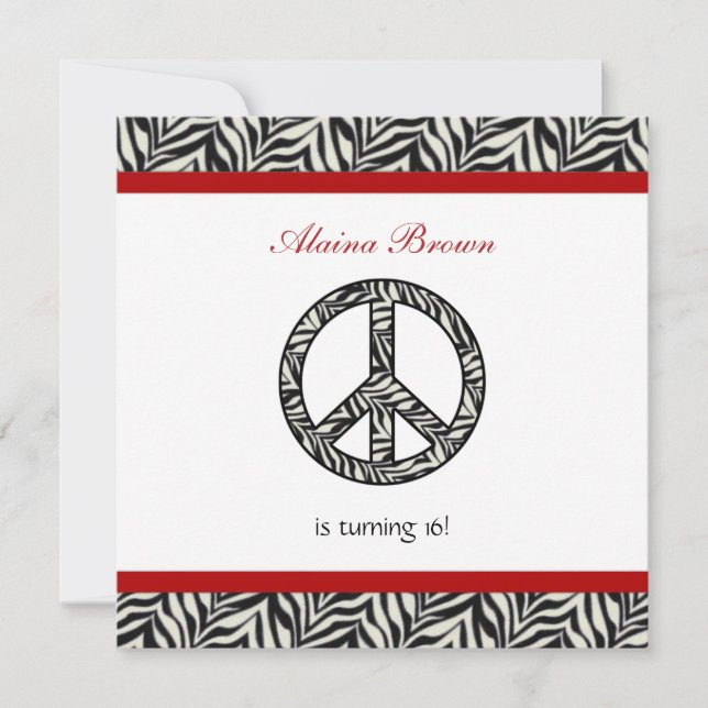 Zebra Print  Peace Sign Birthday Party Invitation (Front)