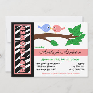 Zebra Print Pink Birdy Baby Shower Invitations