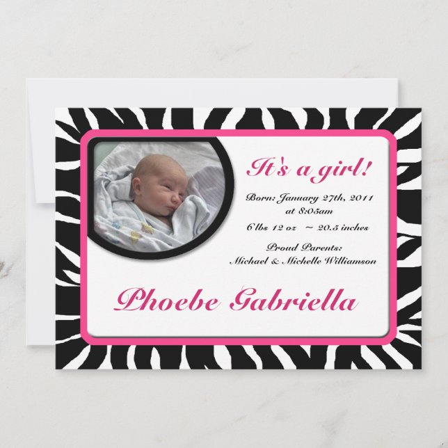 Zebra Print Pink Birth Announcements (Front)