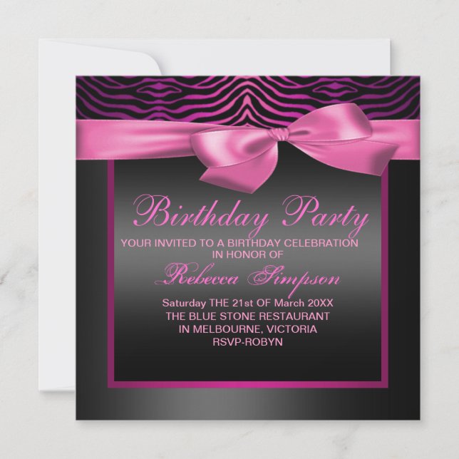 Zebra Print Pink & Black Party Birthday Invitation (Front)