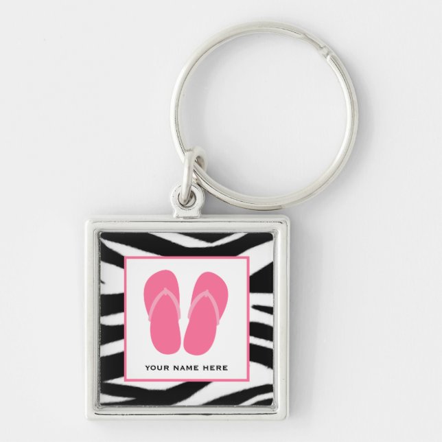 Zebra Print & Pink Flip Flops Personalized Keychain (Front)