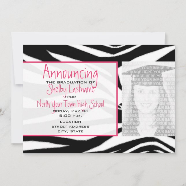 Zebra Print & Pink Graduation Photo Announcement (Front)