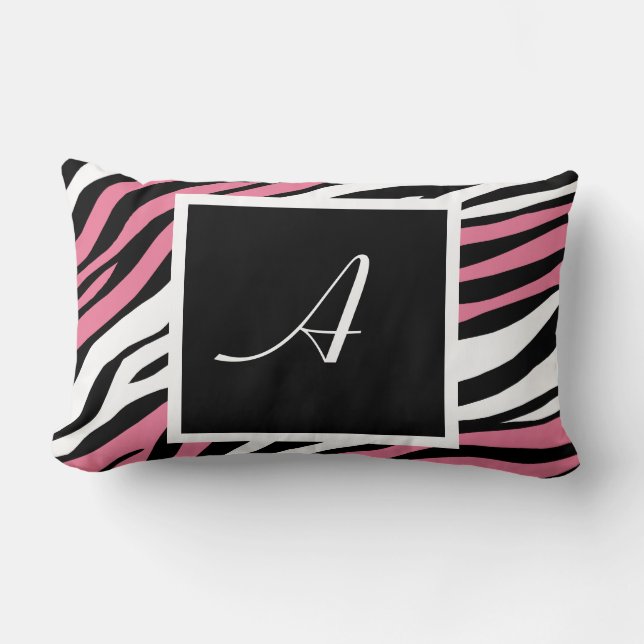 Zebra Print Pink Mix Monogram Lumbar Pillow (Front)