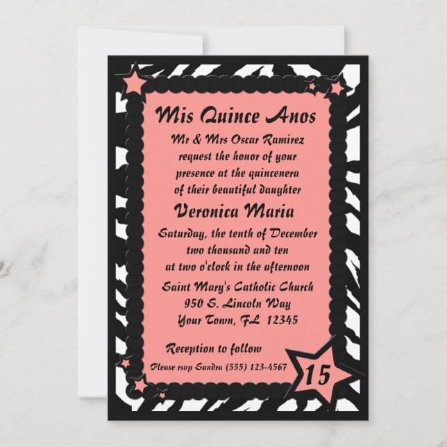 Zebra Print Pink Stars Quincenera Birthday & Photo Invitation (Front)