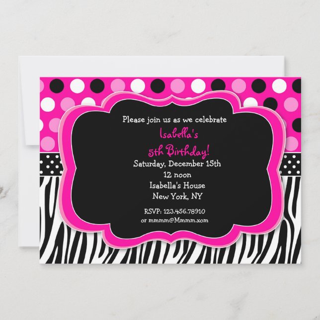 Zebra Print Polka dots BIrthday Invitations (Front)