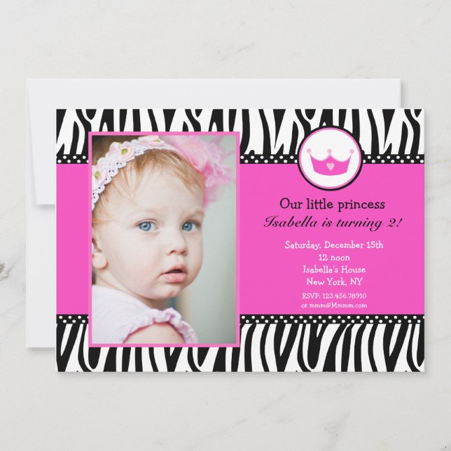 Zebra Print Princess Photo BIrthday Invitations (Front)