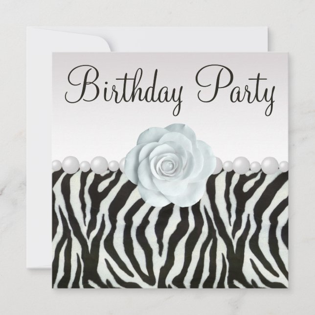Zebra Print & Printed Pearls & Rose Birthday Party Invitation (Front)