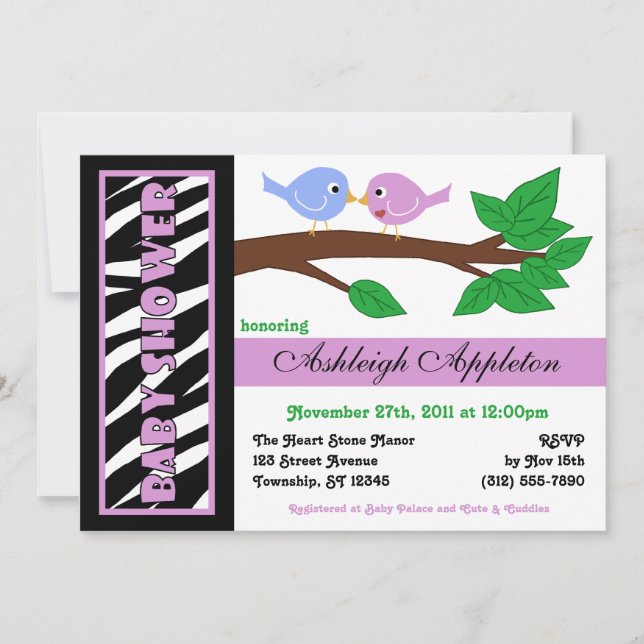 Zebra Print Purple Birdy Baby Shower Invitations (Devant)