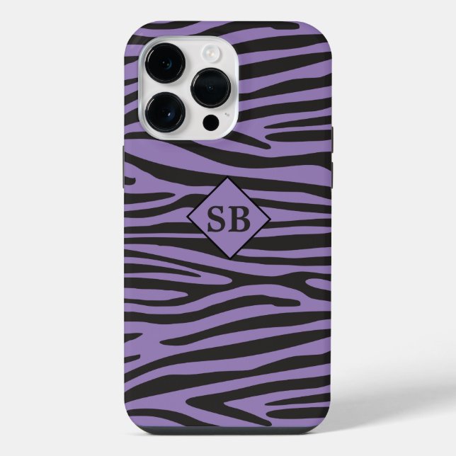 Zebra Print Purple Black Striped Monogrammed iPhone Case (Back)