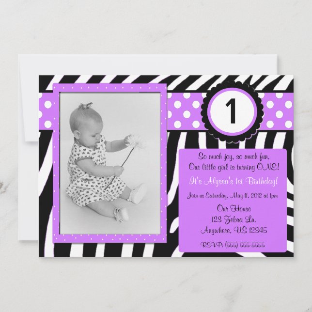 Zebra Print Purple Girls Invitation d'anniversaire (Devant)