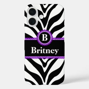 Zebra Print Purple Lace Monogram Name iPhone 16 Case