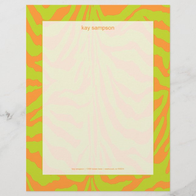 Zebra print, retro colours lime green + orange letterhead (Front)
