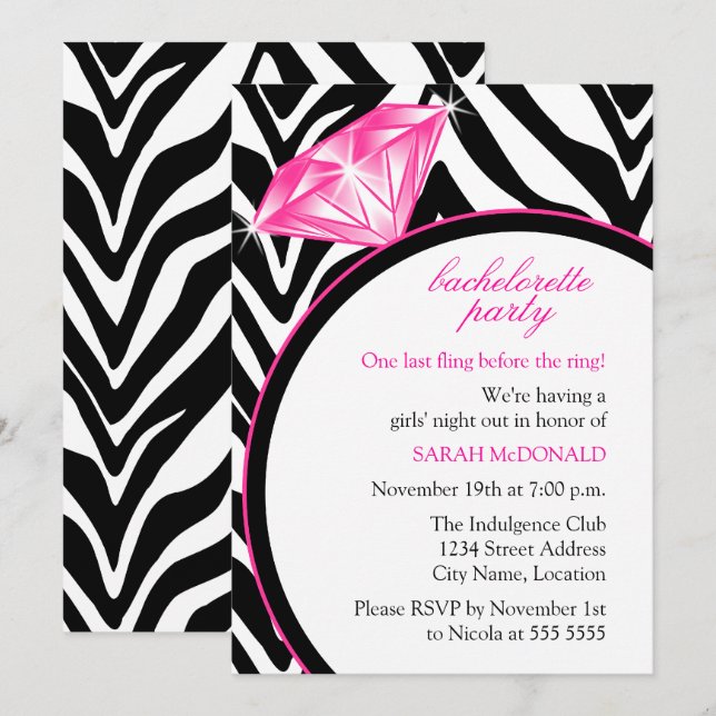 Zebra Print & Ring  Bachelorette Party Invitation (Front/Back)
