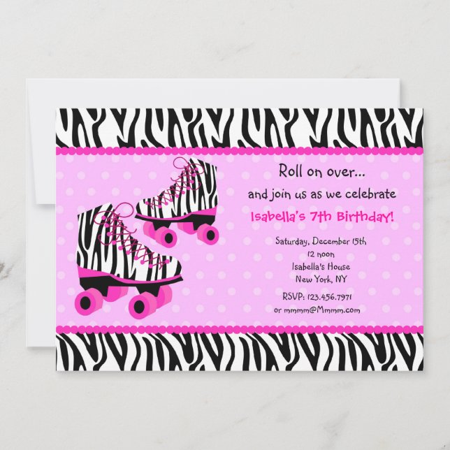 Zebra Print Roller Skates Birthday Invitations (Front)