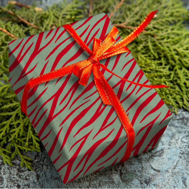 Zebra Print Sage Green Dark Red Modern Christmas Wrapping Paper (Creator Uploaded)