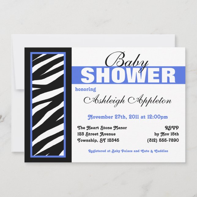 Zebra Print Side Blue Baby Shower Invitations (Devant)