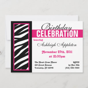 Zebra Print Side Fuchsia Birthday Party Invitation