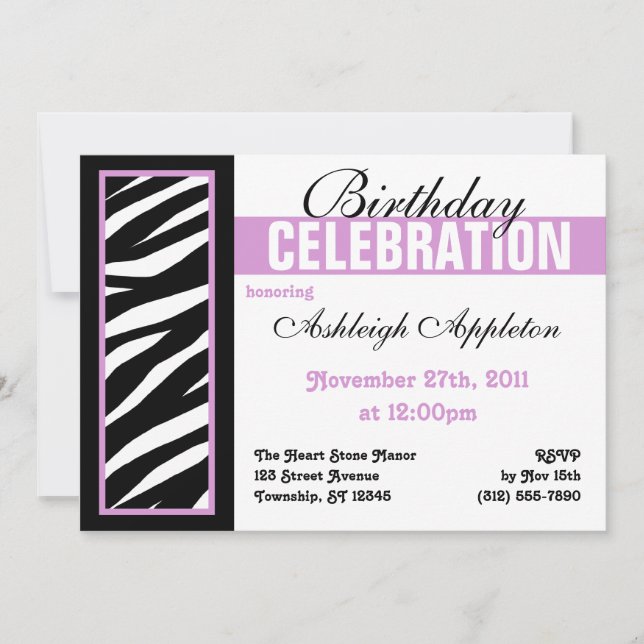 Zebra Print Side Purple Birthday Party Invitations (Front)