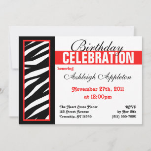 Zebra Print Side Red Birthday Party Invitations