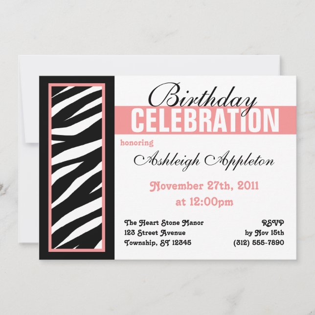 Zebra Print Side rose Anniversaire Invitations (Devant)