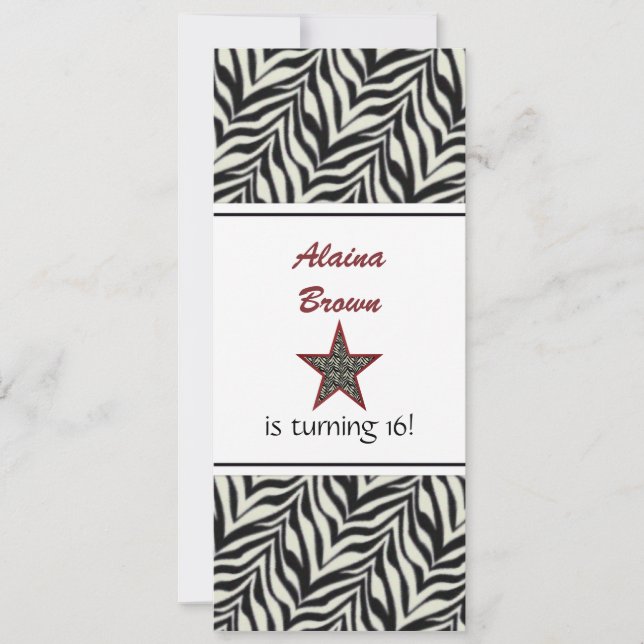 Zebra Print Star Birthday Party Invitation (Front)