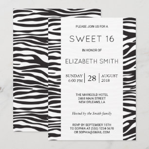Zebra Print, Stripes, Black And White, Sweet 16 Invitation