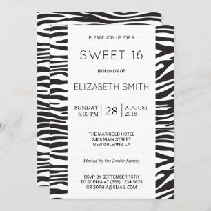 Zebra Print, Stripes, Black And White, Sweet 16 Invitation