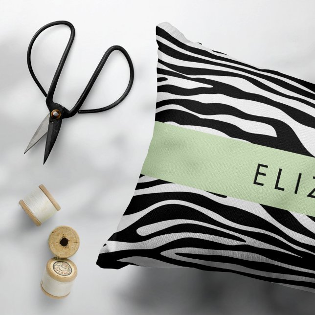 Zebra Print, Stripes, Black And White, Your Name Accent Pillow (Creator Uploaded)