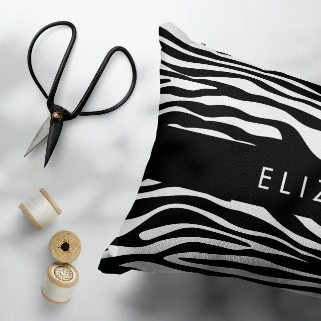 Zebra Print, Stripes, Black And White, Your Name Accent Pillow (Creator Uploaded)