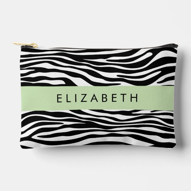 Zebra Print, Stripes, Black And White, Your Name Accessory Pouch (Front)