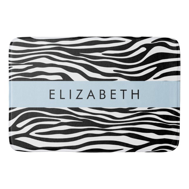 Zebra Print, Stripes, Black And White, Your Name Bath Mat (Front)