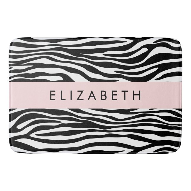 Zebra Print, Stripes, Black And White, Your Name Bath Mat (Front)