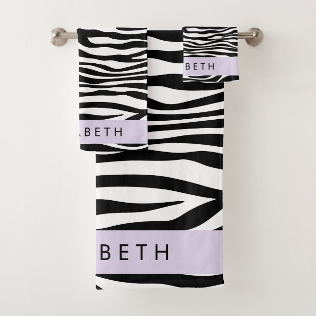 Zebra Print, Stripes, Black And White, Your Name Bath Towel Set (Insitu)
