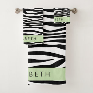 Zebra Print, Stripes, Black And White, Your Name Bath Towel Set